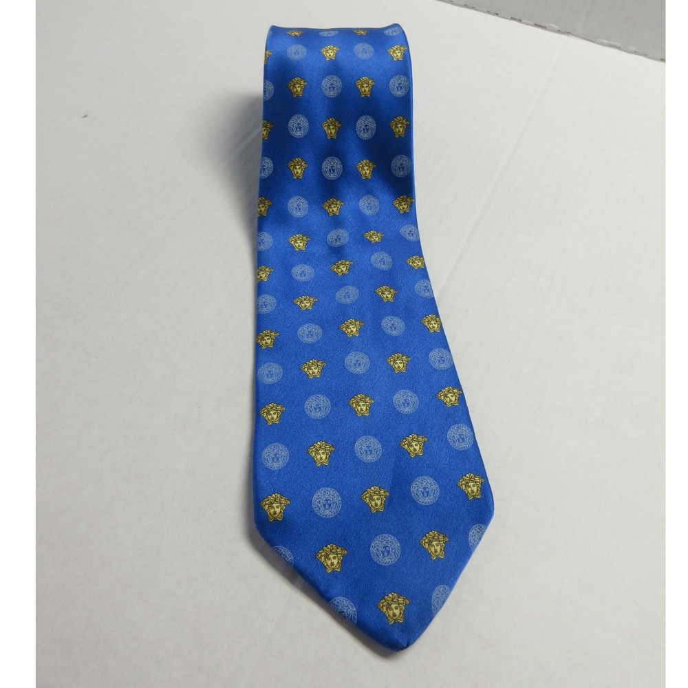 VERSACE Vintage 1990s Blue Gold Medusa Tie 100% Italian Silk Mens Designer Tie